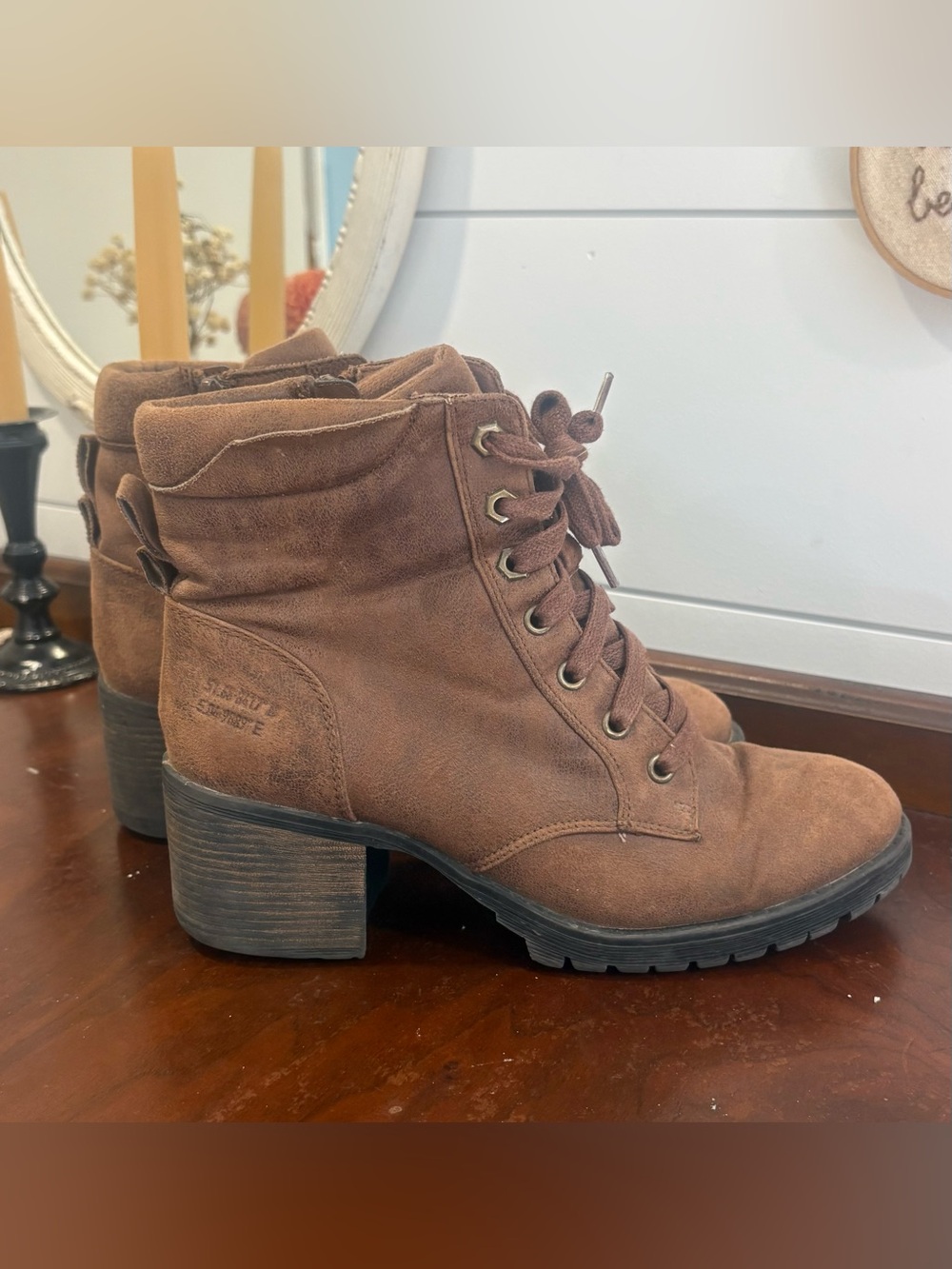 Women's Brown Suede Lace-Up Block Heel Ankle Boots